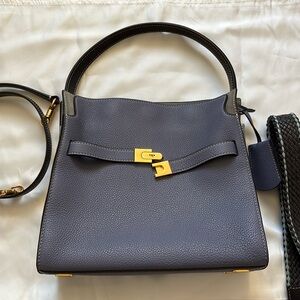 Tory Burch Lee Radziwill Small Pebble Leather Double Bag  (Dark Lotus)